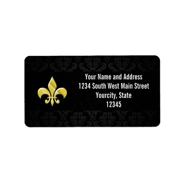 Black/Guld Damask Fleur de Lis Adressetikett (Framsidan)