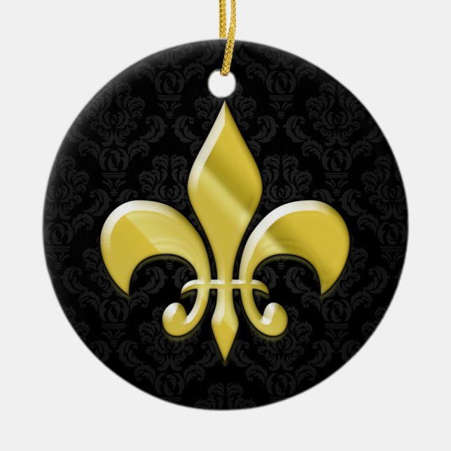 Black/Guld Damask Fleur de Lis Julgransprydnad Keramik (Framsidan)