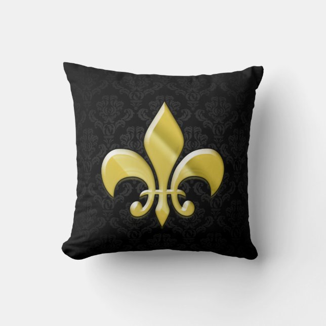 Black/Guld Damask Fleur de Lis Kudde (Framsida)