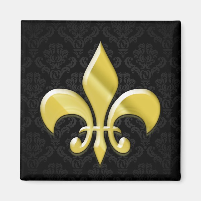 Black/Guld Damask Fleur de Lis Magnet (Framsidan)