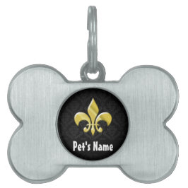 Black/Guld Damask Fleur de Lis Namnbricka Husdjur