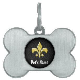 Black/Guld Damask Fleur de Lis Namnbricka Husdjur