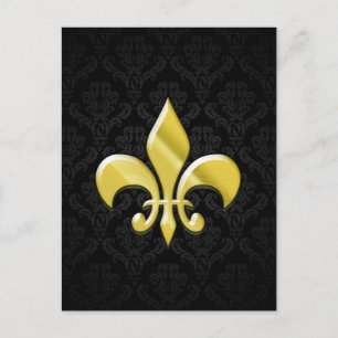 Black/Guld Damask Fleur de Lis Vykort