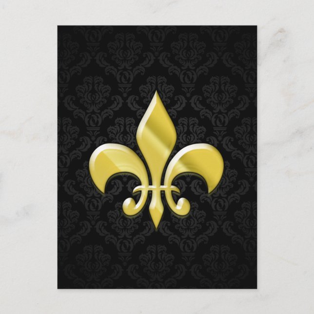 Black/Guld Damask Fleur de Lis Vykort (Framsida)