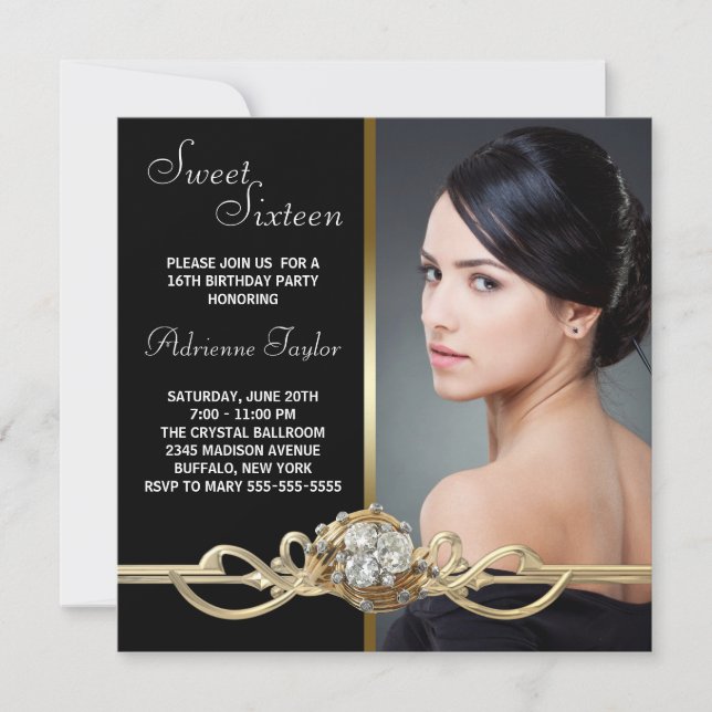 Black Guld Diamonds Photo Sweet sixteen Birthday Inbjudningar (Framsida)