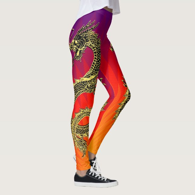 Black Guld Dragons Flames-övertoning Leggings (Höger)