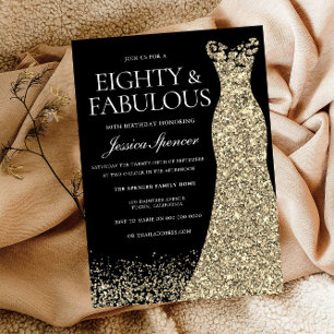 Black Guld Dress 70 & Fabulous 80:e födelsedagen Inbjudningar