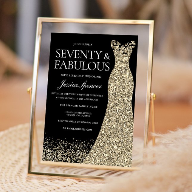 Black Guld Dress 70 och Fabulous 70:e födelsedagen Inbjudningar (Skapare uppladdad)