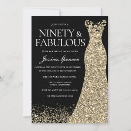 Black Guld Dress Nittio och Fabulous 90:e födelsed Inbjudningar