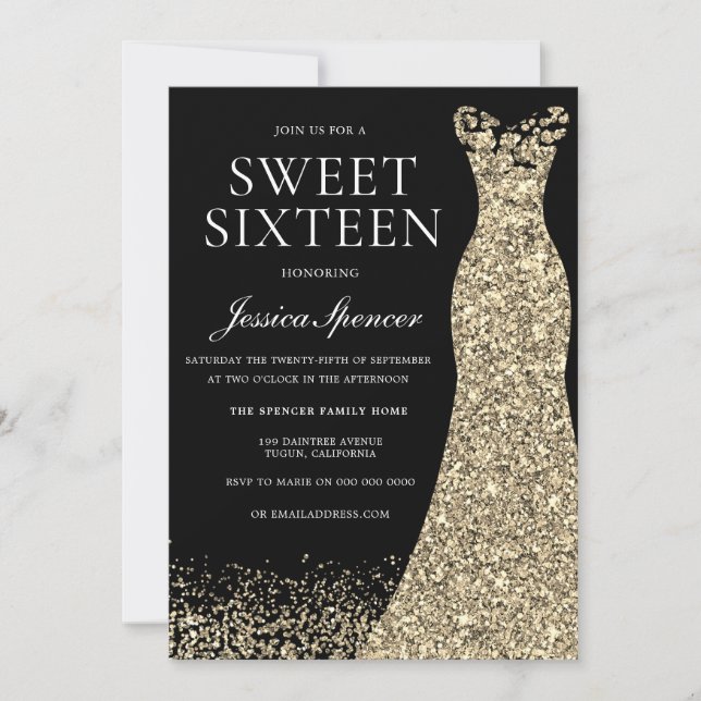 Black Guld Dress Sweet 16 Födelsedagsfester Inbjudningar (Framsida)