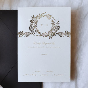 Black Guld Ebony Botanical Monogram Bröllop OSA Kort