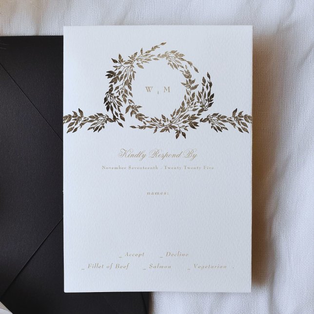 Black Guld Ebony Botanical Monogram Bröllop OSA Kort (Skapare uppladdad)