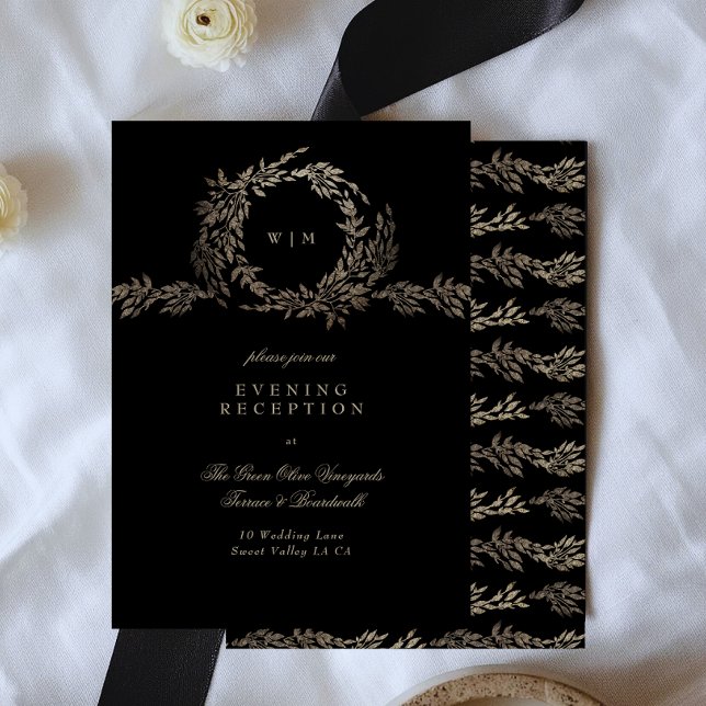 Black Guld Ebony Botanical Monogram Bröllop Tilläggskort (Skapare uppladdad)
