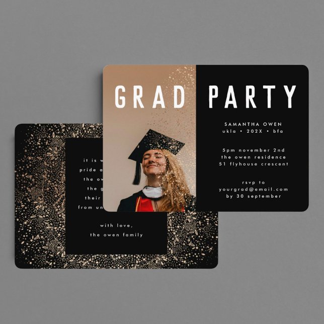 Black Guld Elegant Botanicals Grad Photo Party Inbjudningar (Skapare uppladdad)