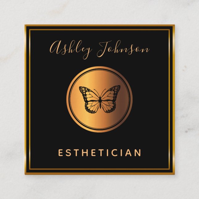 Black & Guld Elegant Butterfly Esthetician Classic Fyrkantigt Visitkort (Framsida)