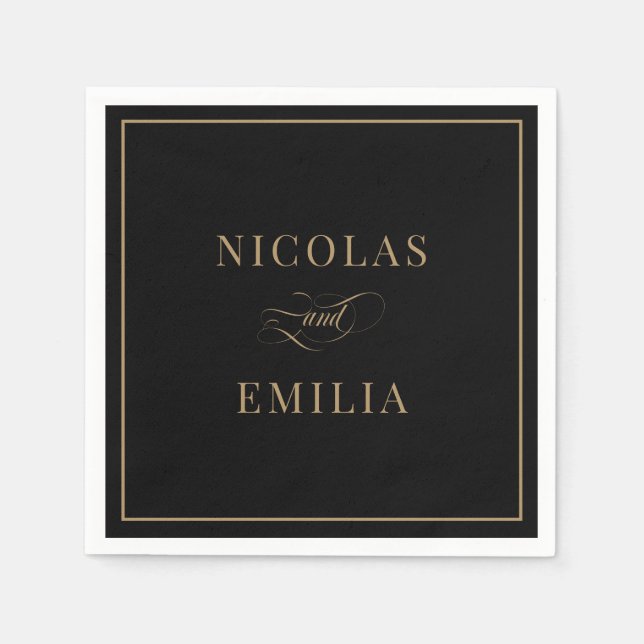 Black Guld Elegant Calligraphy Bröllop Pappersservett (Framsidan)
