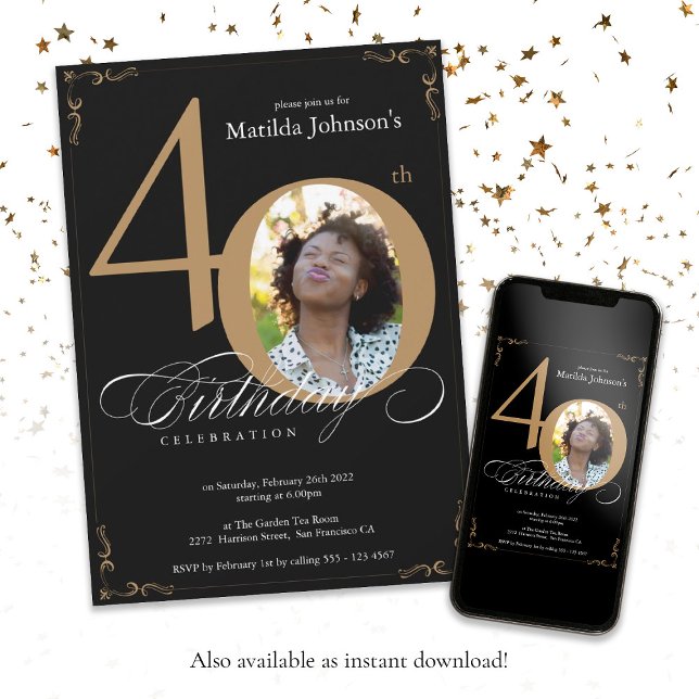 Black Guld Elegant Calligraphy Photo 40 Birthday Inbjudningar (Black Gold Elegant Calligraphy Photo 40th Birthday Invitation)