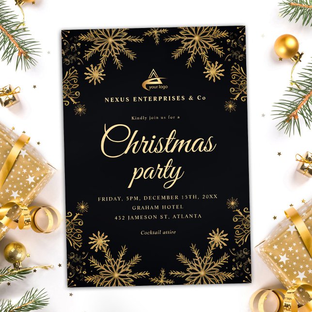 Black Guld Elegant Corporate jul Party Inbjudningar (Black Gold Elegant Corporate Christmas Party Invitation)