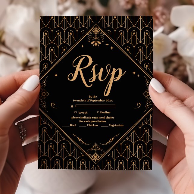 Black Guld Elegant Geometric Art Deco Bröllop OSA Kort (Skapare uppladdad)