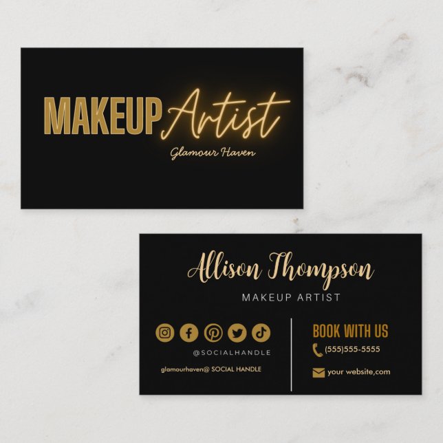 Black Guld Elegant  Makeup Artist Affärskorts Visitkort (Fram/baksida)