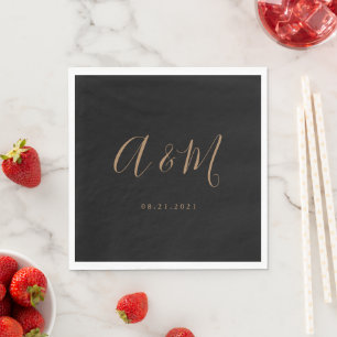 Black Guld Elegant Monogram Bröllop Pappersservett