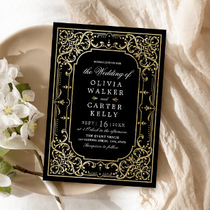 Black guld elegant ornate romantic vintage bröllop inbjudningar