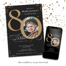Black Guld Elegant Photo Surprise 80:e födelsedage Inbjudningar