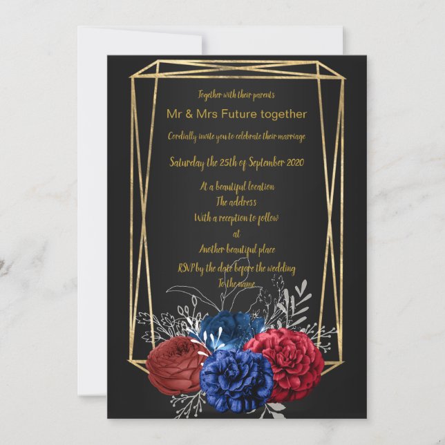 BLACK GULD ELEGANT RAM BOUQUET BRÖLLOP INBJUDNINGAR (Framsida)