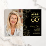 Black Guld Elegant Surprise Photo 60:e födelsedage Inbjudningar<br><div class="desc">Blommigt svart och guld överraskar 60 födelsedagsfest inbjudan med ditt foto på kortets framsida. Elegantens moderna utformning med botaniska konturaccenter för teckning och typsnitt för typgrafiska skript. Enkel inbjudan-kortsperfekt för trendig för en snyggt kvinna på dagen firande. Kan anpassas till vilken ålder som helst. Skrivna Zazzle-inbjudningar eller digital utskrivbar mall...</div>