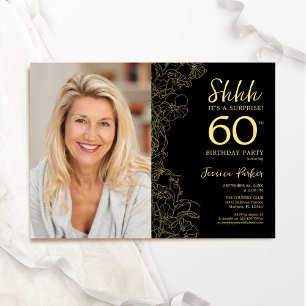 Black Guld Elegant Surprise Photo 60:e födelsedage Inbjudningar