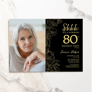 Black Guld Elegant Surprise Photo 80 Birthday Inbjudningar