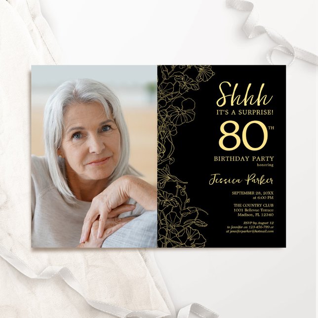 Black Guld Elegant Surprise Photo 80 Birthday Inbjudningar (Skapare uppladdad)
