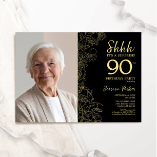 Black Guld Elegant Surprise Photo 90:e Birthday Inbjudningar