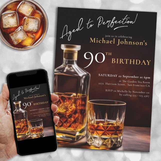 Black Guld Elegant Whiskey 90:e Födelsedagsfest Inbjudningar (90th Birthday Whiskey Black Gold Elegant Party Invitation)