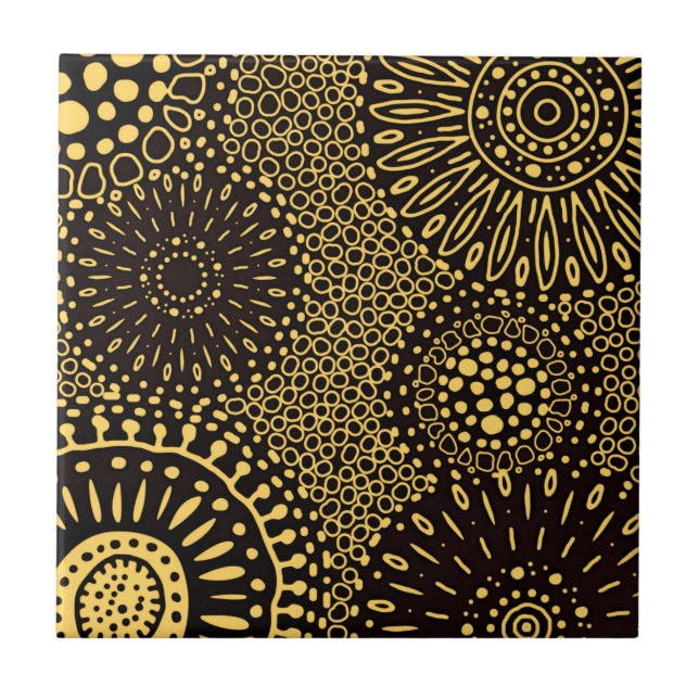 Black Guld Ethnic Blommönster Kakelplatta (Framsidan)