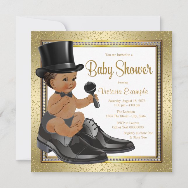 Black Guld Ethnic Little Man Baby Shower Inbjudningar (Framsida)
