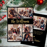 Black Guld Family Namn 5 Photo Collage jul Julkort<br><div class="desc">Modern Simple Elegant Black and Guld Calligraphy 5 Photo Collage Family Namn Script God jul Helgdag Card. Den här snygga, minimalistiska, vimiska, fem (5) fotokortmallen innehåller ett söt-rutnätsfotokollage, en mycket fet "Familj Namn"-text som är skriven i ett söt-handskript med snabb pensel i guld på svart bakgrund i färg. På motsatt...</div>