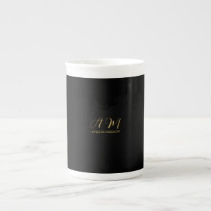 Black Guld Färg Monogram Initial Brev Namn Benporslin Mugg