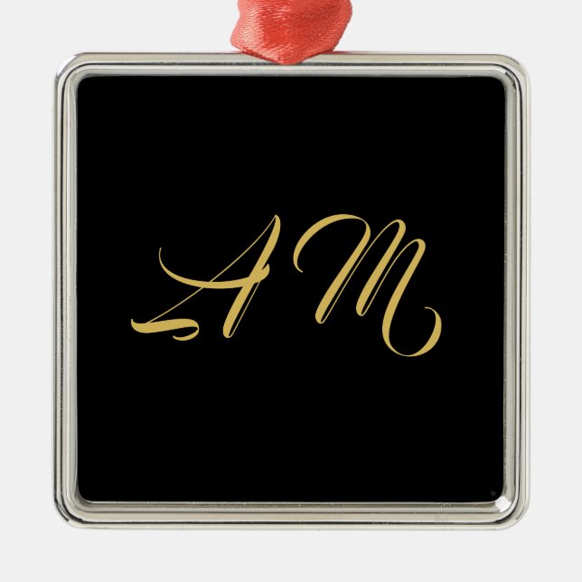 Black Guld Färg Monogram Initial kalligrafi Julgransprydnad Metall (Framsidan)