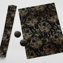 Black Guld Faux Elegant Blommigt Bröllop Gift Presentpapper