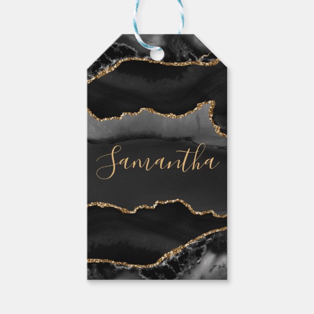 Black & Guld Faux Glitter Agate Presentetikett (Framsidan)