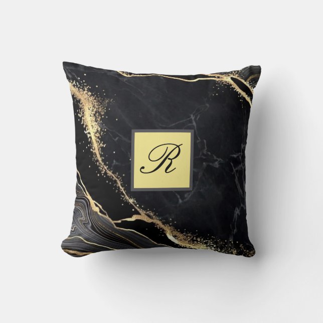 Black Guld Faux Marble Söt Elegant Monogram Kudde (Framsida)