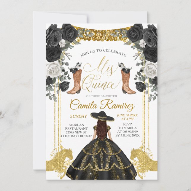 Black & Guld Fiesta Butterfly Mis XV Anos Invati Inbjudningar (Framsida)