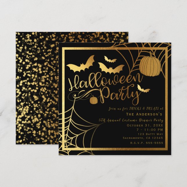 Black & Guld Fladdermus Pumpkin Elegant Halloween  Inbjudningar (Fram/baksida)