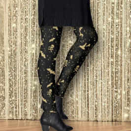 Black Guld Fladdermus Witch Hats Döskallar Glitter Leggings