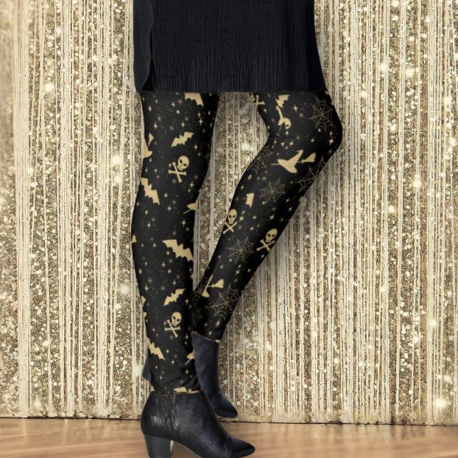 Black Guld Fladdermus Witch Hats Döskallar Glitter Leggings (Skapare uppladdad)