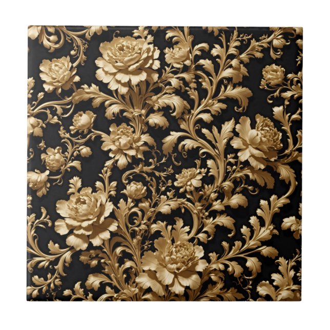Black & Guld Flemish Baroque Ceramic Tile Kakelplatta (Framsidan)