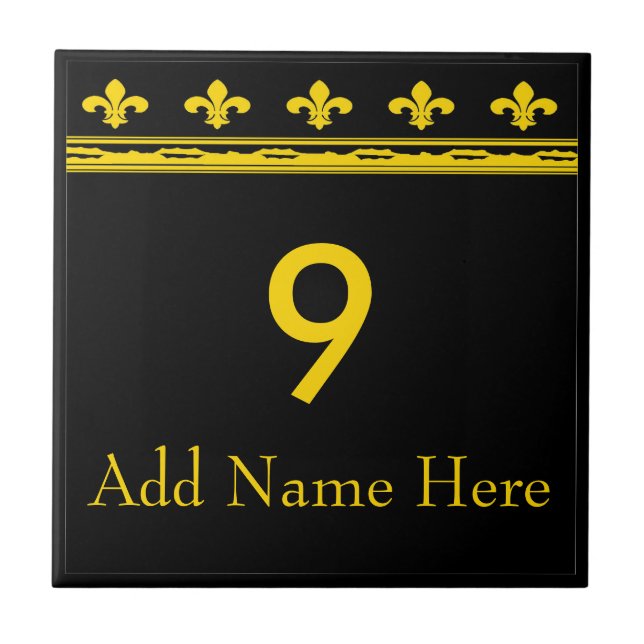 Black & Guld Fleur De Lis Brev & Numbers Kakelplatta (Framsidan)