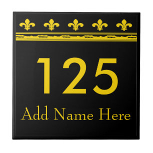 Black & Guld Fleur De Lis Brev & Numbers Kakelplatta