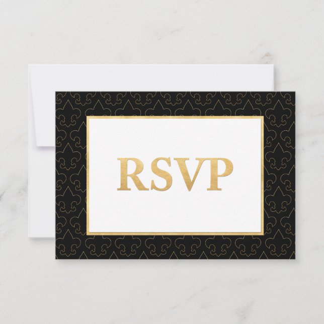 Black & Guld Fleur De Lis Bröllop OSA Card (Framsida)